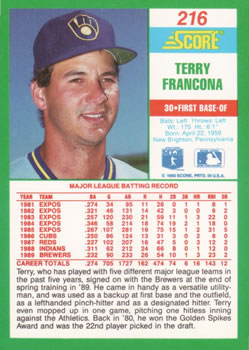 1990 Score #216 Terry Francona Back