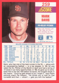 1990 Score #259 Mark Davis Back