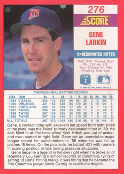 1990 Score #276 Gene Larkin Back