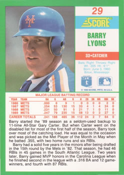 1990 Score #29 Barry Lyons Back