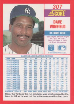 1990 Score #307 Dave Winfield Back