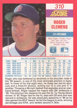 1990 Score #310 Roger Clemens Back