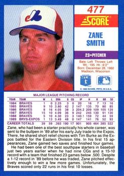 1990 Score #477 Zane Smith Back