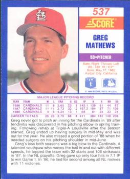 1990 Score #537 Greg Mathews Back