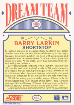 1990 Score #689 Barry Larkin Back