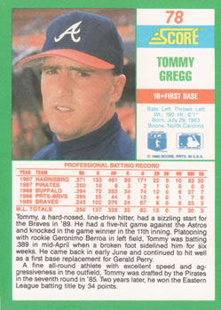 1990 Score #78 Tommy Gregg Back