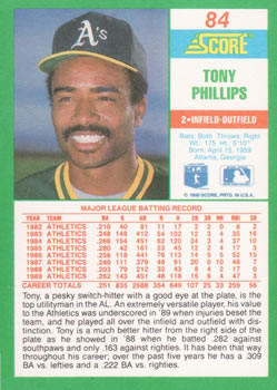 1990 Score #84 Tony Phillips Back