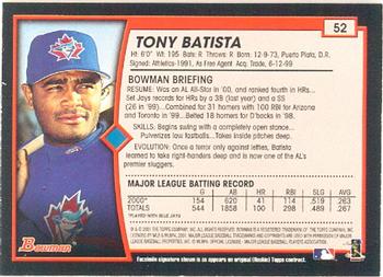 2001 Bowman #52 Tony Batista Back