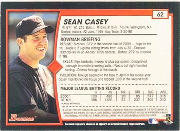 2001 Bowman #62 Sean Casey Back