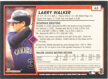 2001 Bowman #63 Larry Walker Back