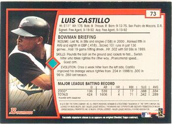 2001 Bowman #73 Luis Castillo Back
