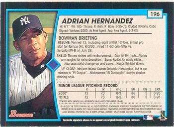 2001 Bowman #196 Adrian Hernandez Back