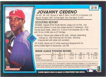 2001 Bowman #218 Jovanny Cedeno Back