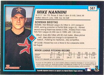 2001 Bowman #387 Mike Nannini Back