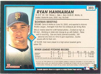 2001 Bowman #393 Ryan Hannaman Back