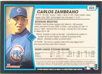 2001 Bowman #426 Carlos Zambrano Back