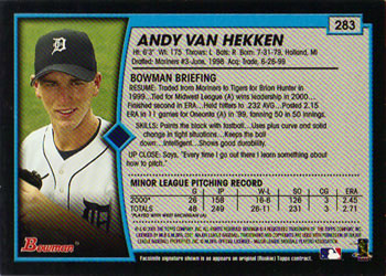 2001 Bowman #283 Andy Van Hekken Back