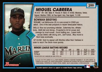 2001 Bowman #299 Miguel Cabrera Back