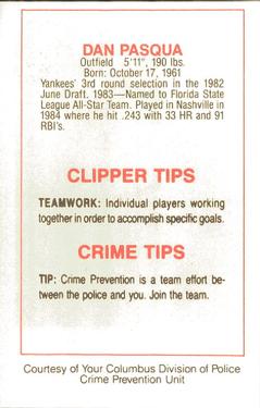 1985 Columbus Clippers Police #NNO Dan Pasqua Back