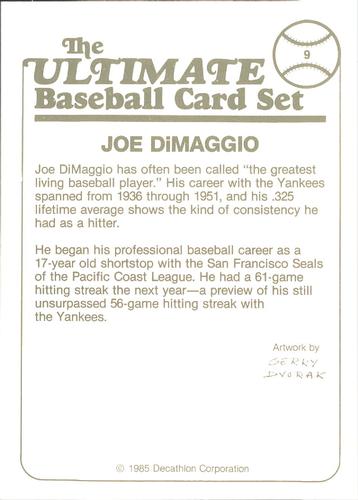 1985 Decathlon Ultimate Baseball Card Set #9 Joe DiMaggio Back