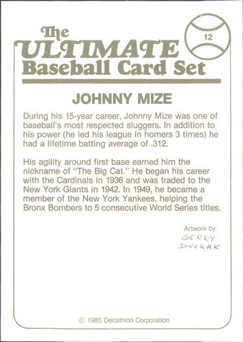 1985 Decathlon Ultimate Baseball Card Set #12 Johnny Mize Back