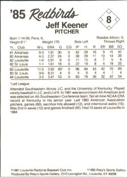 1985 Riley's Sports Gallery Louisville Redbirds #8 Jeff Keener Back