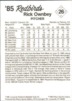 1985 Riley's Sports Gallery Louisville Redbirds #26 Rick Ownbey Back