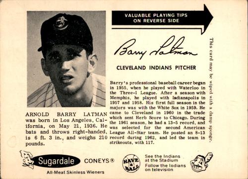 1963 Sugardale Wieners Cleveland Indians #1 Barry Latman Front