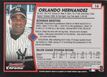 2001 Bowman Chrome #14 Orlando Hernandez Back