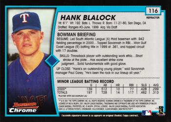 2001 Bowman Chrome #116 Hank Blalock Back