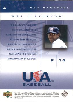 2002 Upper Deck USA Baseball National Team #4 Wes Littleton Back