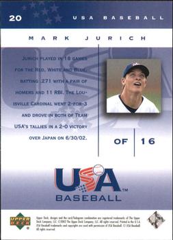 2002 Upper Deck USA Baseball National Team #20 Mark Jurich Back