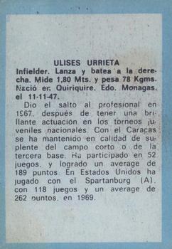 1970 Ovenca Venezuelan #135 Ulises Urrieta Back