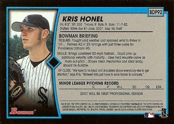2001 Bowman Draft Picks & Prospects #BDP92 Kris Honel Back