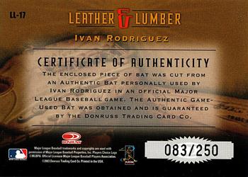 2003 Donruss Studio - Leather and Lumber #LL-17 Ivan Rodriguez Back