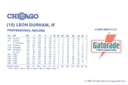 1986 Gatorade Chicago Cubs #NNO Leon Durham Back