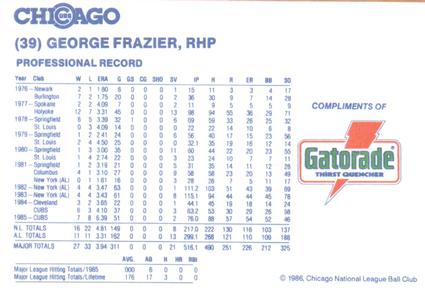 1986 Gatorade Chicago Cubs #NNO George Frazier Back