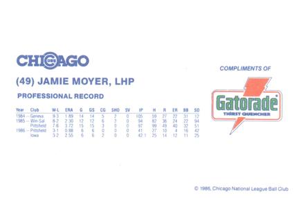 1986 Gatorade Chicago Cubs #NNO Jamie Moyer Back