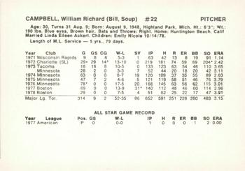 1979 Boston Red Sox Vendor Cards #NNO Bill Campbell Back