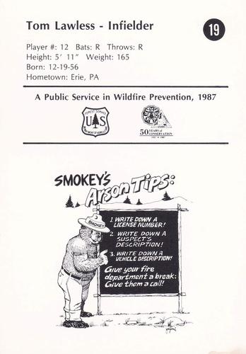 1987 St. Louis Cardinals Smokey #19 Tom Lawless Back