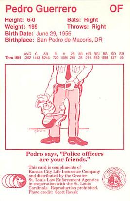 1992 St. Louis Cardinals Police #NNO Pedro Guerrero Back