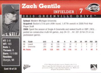 2010 MultiAd Greenville Drive #18 Zach Gentile Back