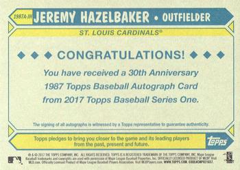 2017 Topps - 1987 Topps Baseball 30th Anniversary Autographs #1987A-JH Jeremy Hazelbaker Back