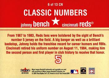 2003 Flair Greats - Classic Numbers #6CN Johnny Bench Back