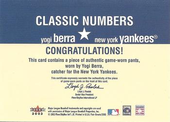 2003 Flair Greats - Classic Numbers Game Used #NNO Yogi Berra Back