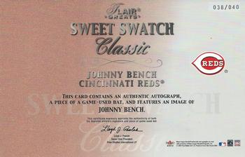 2003 Flair Greats - Sweet Swatch Classic Bat Image Autographs #NNO Johnny Bench Back