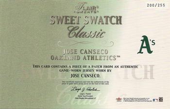 2003 Flair Greats - Sweet Swatch Classic Patch #NNO Jose Canseco Back