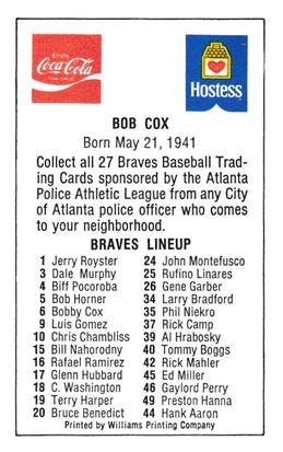 1981 Atlanta Braves Police #NNO Bobby Cox Back