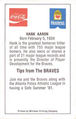 1981 Atlanta Braves Police #NNO Hank Aaron Back
