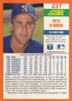 1990 Score Rookie & Traded #23T Pete O'Brien Back
